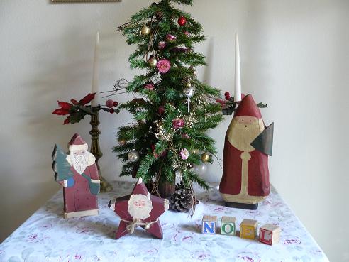 Small Christmas Tree, Candles, Wooden Santas and Noel Blocks