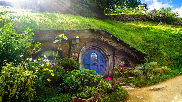 Hobbiton in New Zealand where the Lord of Ring Movies were filmed.