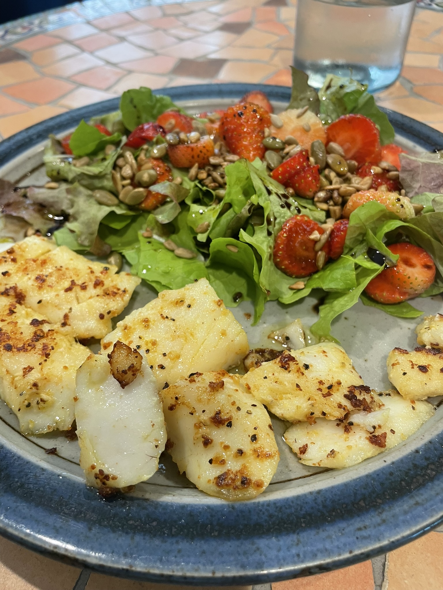 Summer Cooking Tips from Holidays and Observances - Grilled Cod Fillet and Strawberry Salad with Pumpkin Seeds and Balsamic Vinegar Dressing!